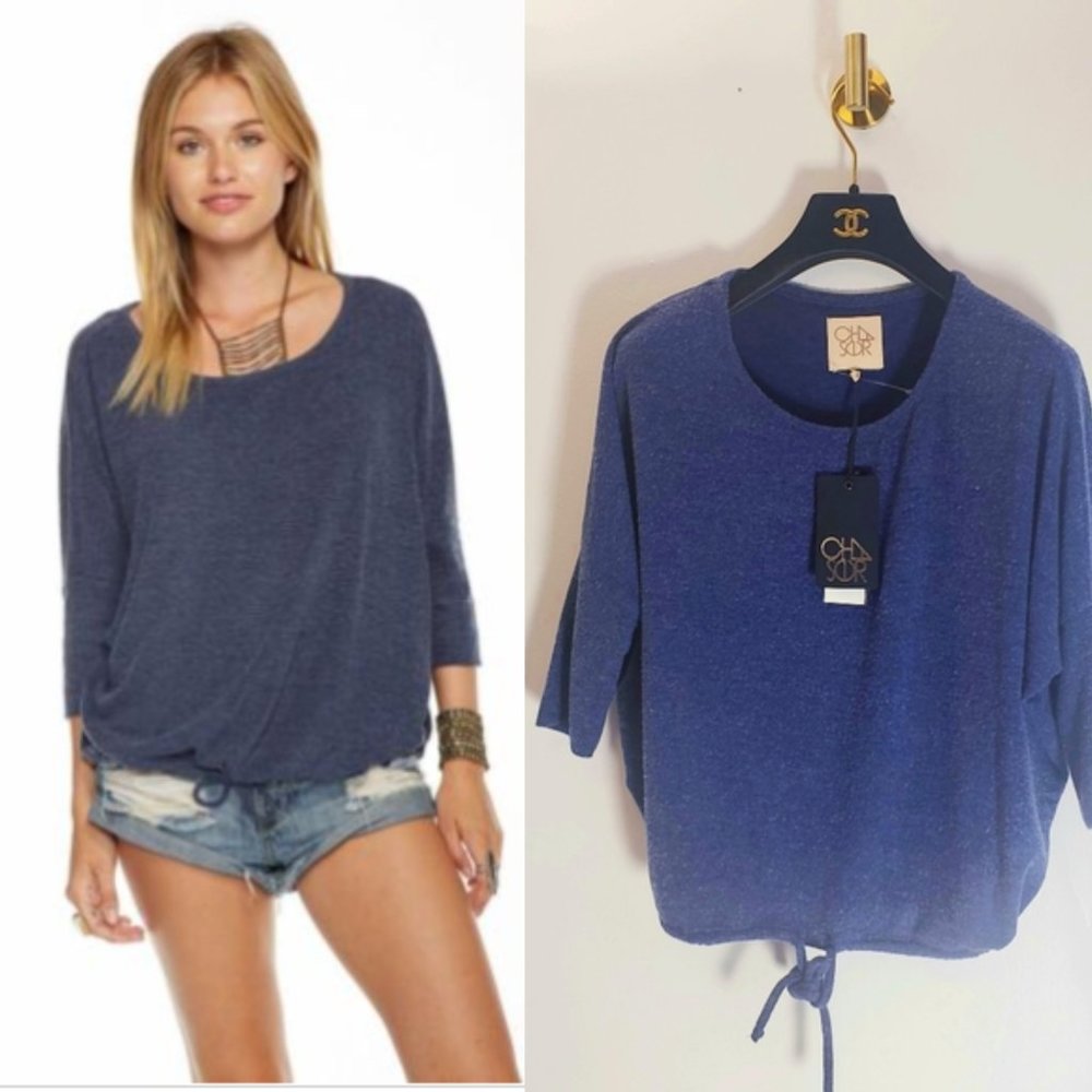 NEW CHASER Blue Sweater Top Tee SMALL Boat Neck Long sleeve Drawstring Stretch - Picture 12 of 13